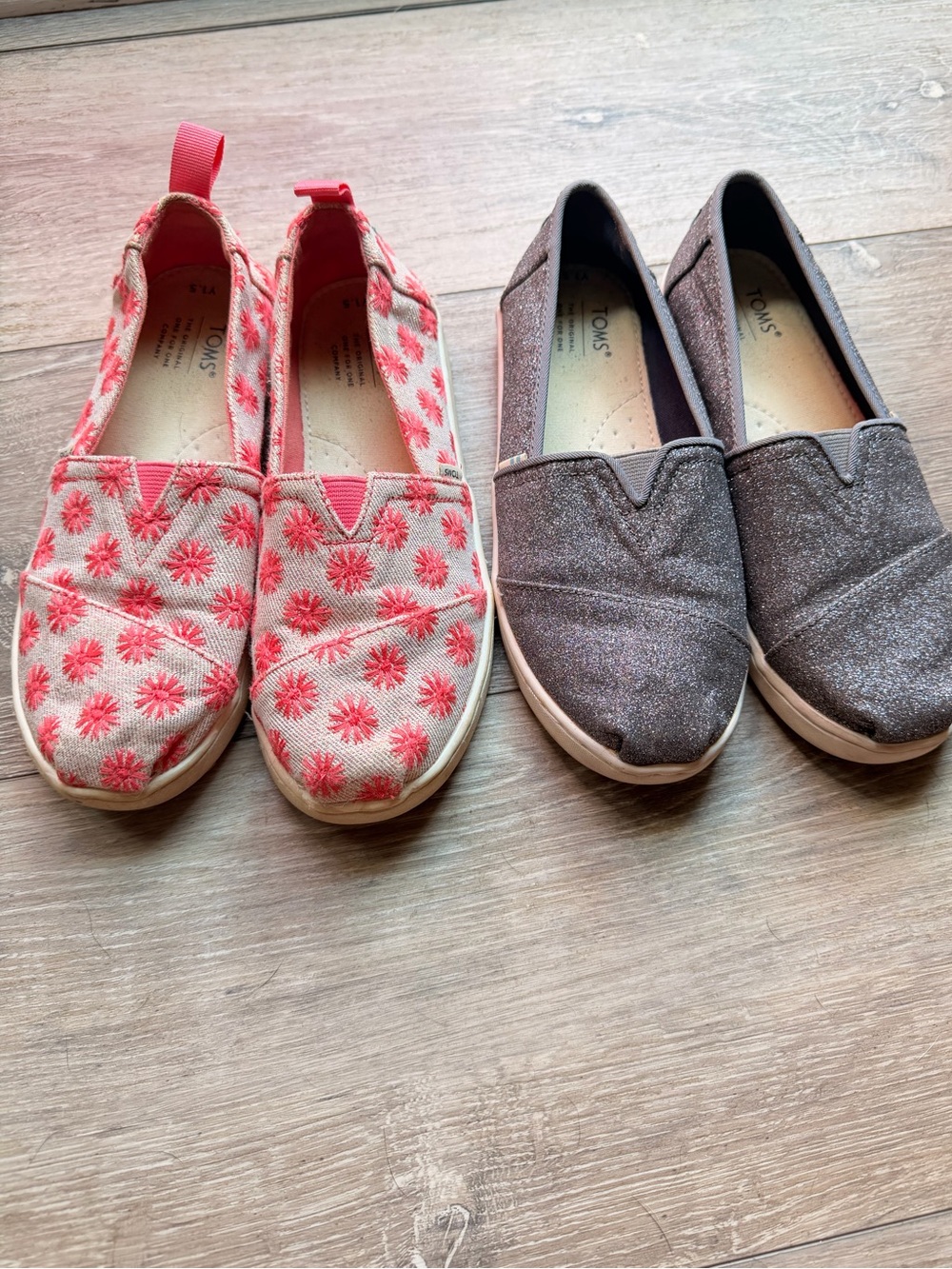 TOMS Kids Slip-Ons in Coral Floral and Gray Glitter